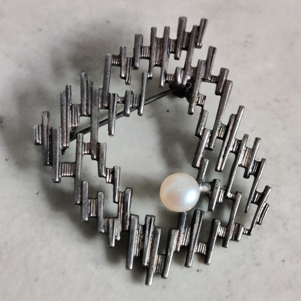 Modernist Brutalist Silver Brooch With Pearl